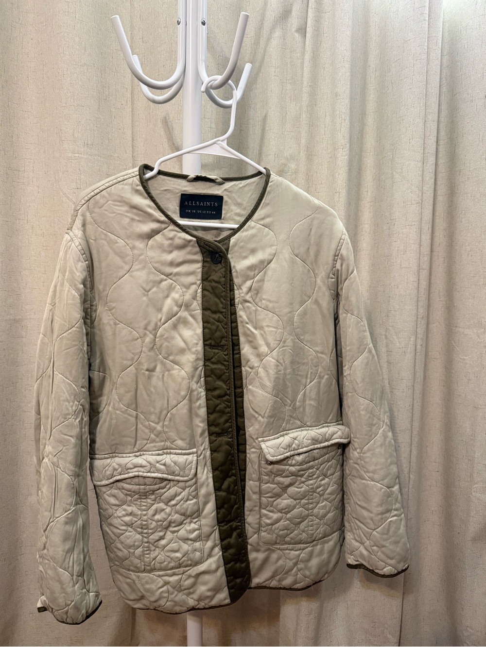 AllSaints Quilted Jacket in Light Taupe with Olive Trim size 12